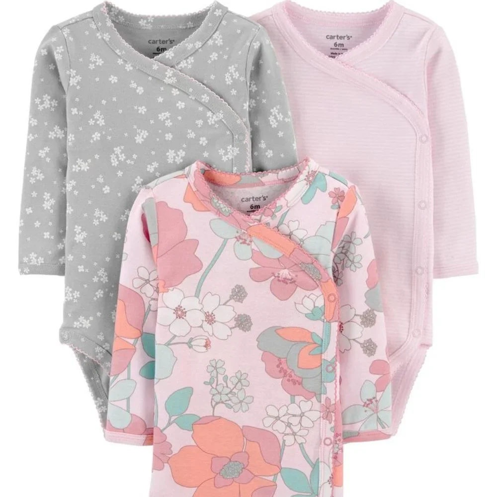 NWT! Carter's Blue/Heather 3-Pack‎ Floral Side-Snap Bodysuits 3 M